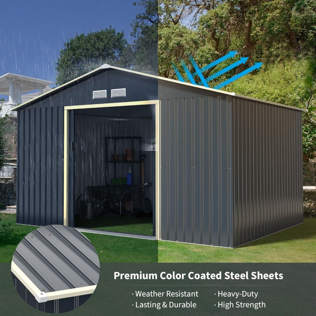 Coast Storage Shed - Avec porte coulissante et fentes d'aération - 340 x 255 x 210 cm - Métal