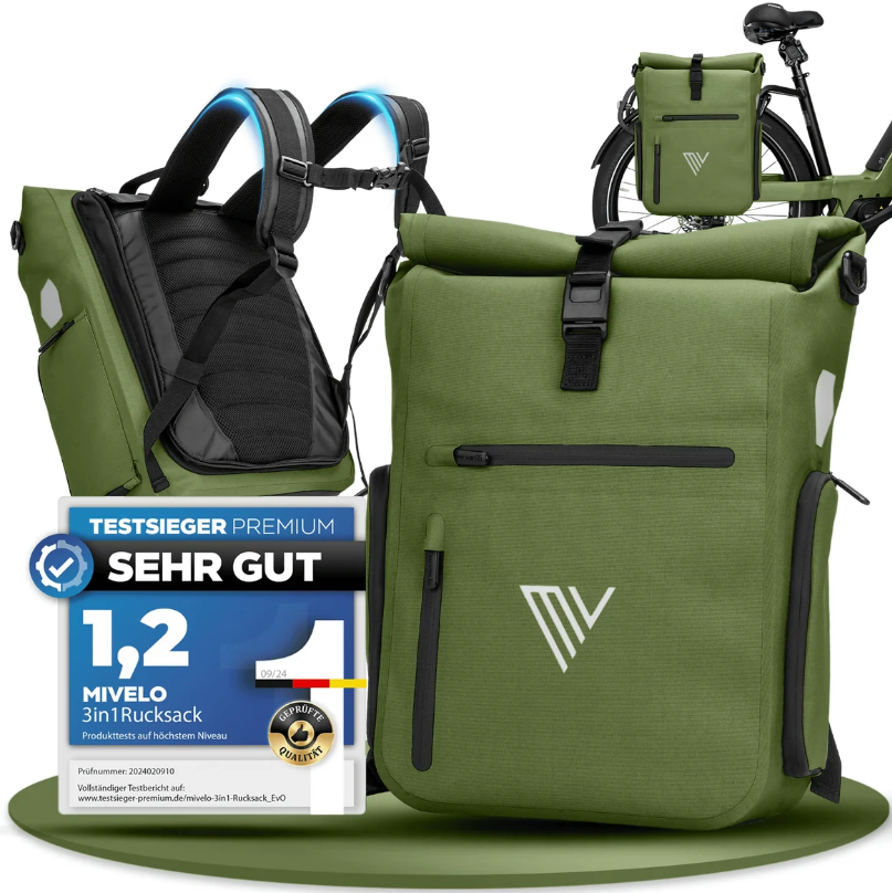Sac à dos pour vélo MiVelo EVO - 25 L - 100 % imperméable - 3 en 1 - Compartiment pour ordinateur portable - 60 x 30 x 15 cm