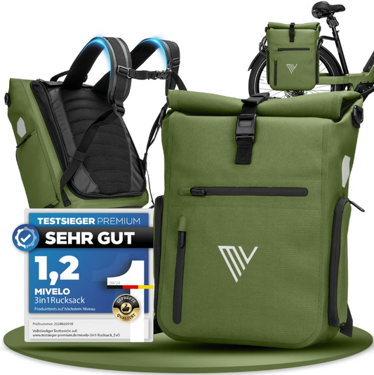 Sac à dos pour vélo MiVelo EVO - 25 L - 100 % imperméable - 3 en 1 - Compartiment pour ordinateur portable - 60 x 30 x 15 cm
