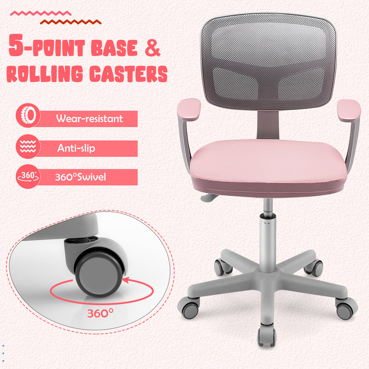 COAST Chaise de bureau pour enfant - Réglable en hauteur - Pivotant à 360° - Avec accoudoirs et dossier - Pour les enfants de 3 à 10 ans - Rose