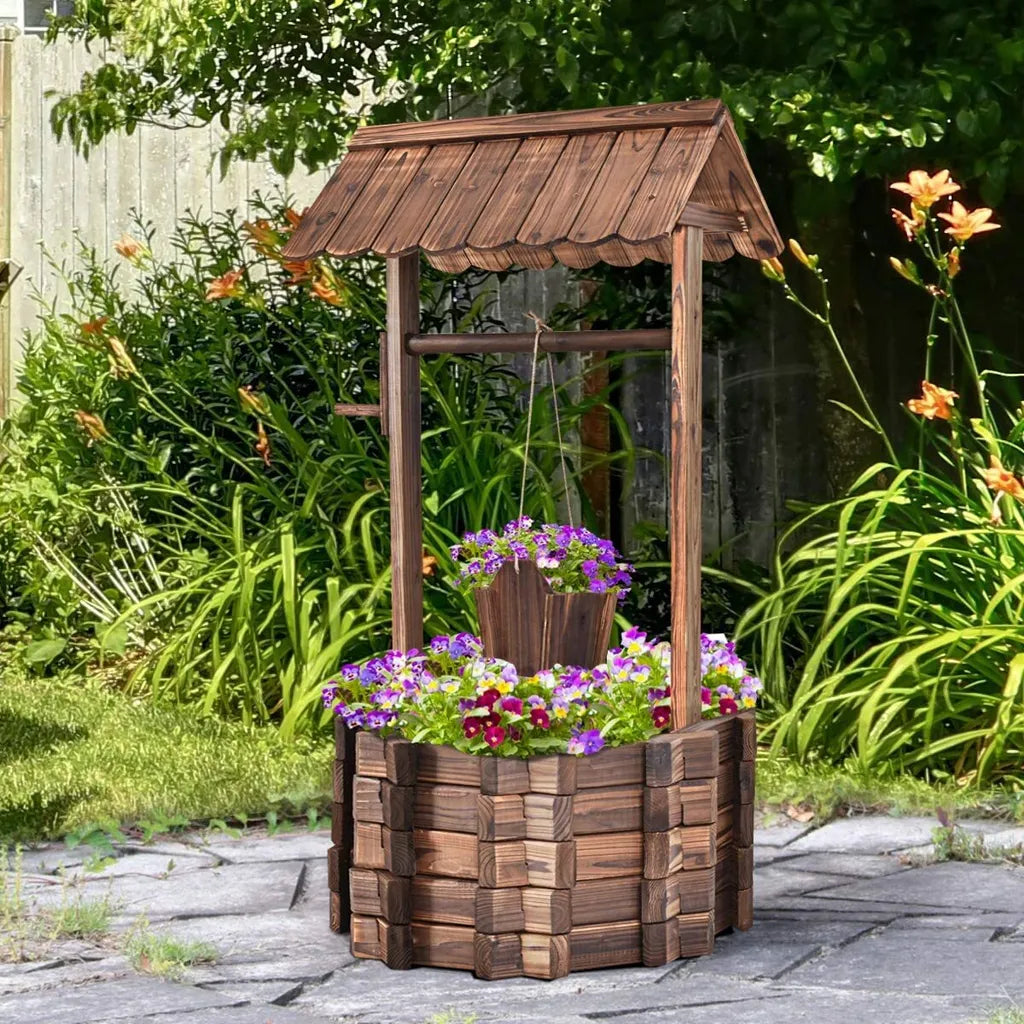 Fontaine de jardin Coast avec puits en bois, seau et pot de fleurs avec toit - Design rustique - 43 x 39 x 72 cm - Marron