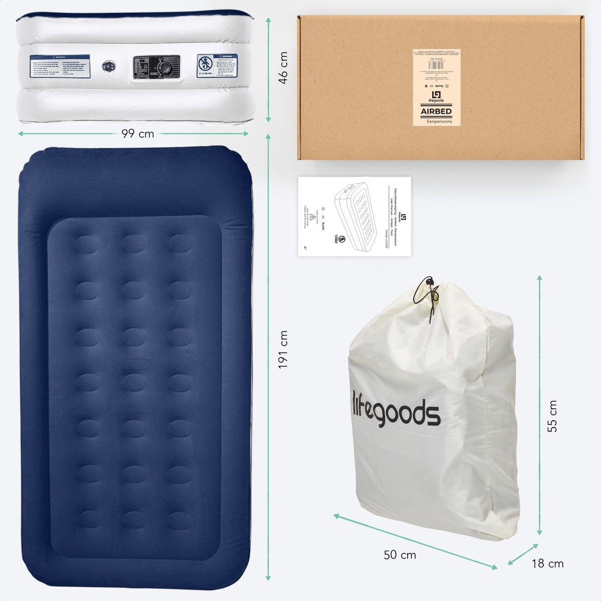 LifeGoods Airbed - 1 personne - avec pompe intégrée - sac de transport et kit de réparation inclus - blanc/bleu