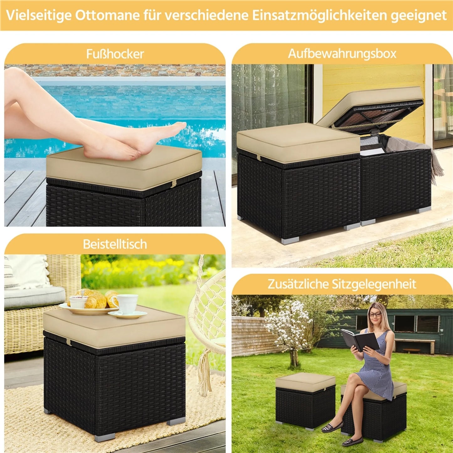 Yaheetech Tabouret Avec Rangement 2 Pièces - Avec Compartiment Caché et Cadre en Rotin Hydrofuge et Métal Revêtu de Poudre - Pour Jardin Balcon Et Salon - Polyéthylène Brun Kaki Et Métal - 40 x 40 x 42.5 cm