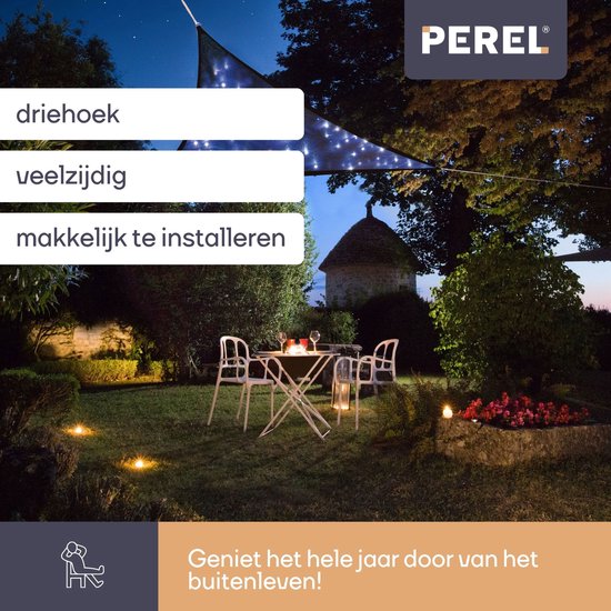 Voile d'ombrage Perel avec 100 LED, ciel étoilé, auvent pour terrasse de jardin, toile d'ombrage, perméable à l'eau, 90 % protection UV, 3 anneaux en acier inoxydable, 3,6 x 3,6 x 3,6 m, 180 g/m², HDPE, triangle, bleu foncé