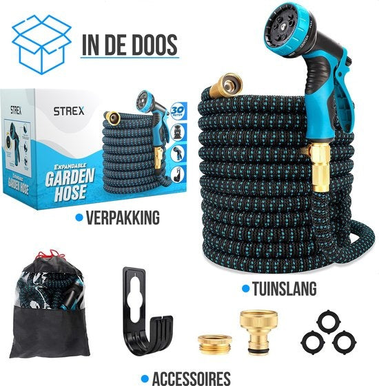 Strex Flexible Garden Hose 30M with Sprinkler Head - Extendable - Including Couplings, Suspension Hook & Storage Bag