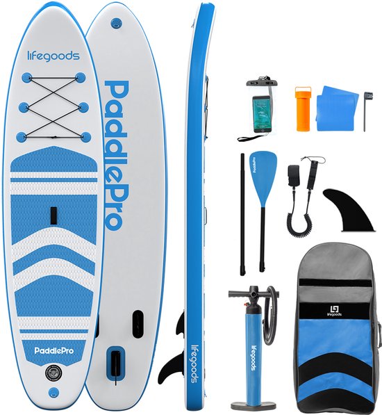 Planche de SUP LifeGoods PaddlePro 320 x 81 x 15 cm - Gonflable - Kit complet - 150 kg - Blanc/Bleu ciel
