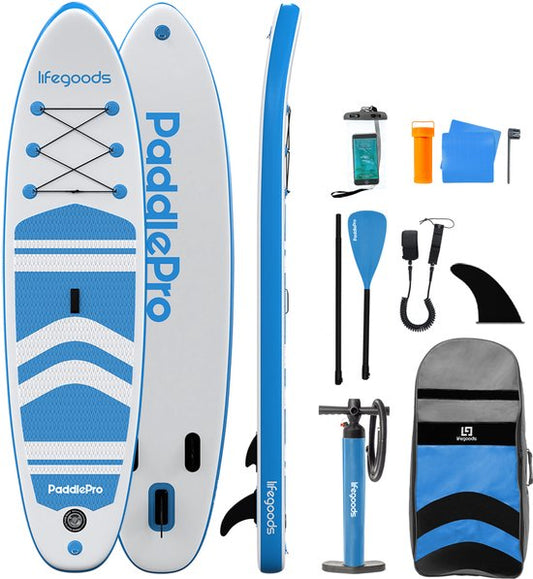 Planche de SUP LifeGoods PaddlePro 320 x 81 x 15 cm - Gonflable - Kit complet - 150 kg - Blanc/Bleu ciel