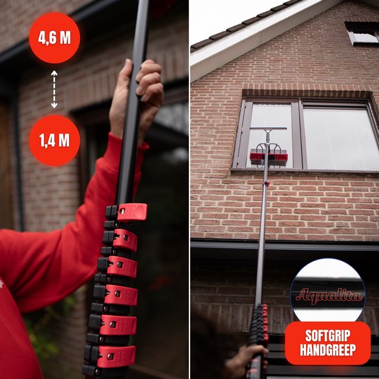 Aqualitá® Perche télescopique pour le lavage des vitres 4.6M avec Chamoisole - Lave-vitre télescopique - Nettoyeur de panneaux solaires - Set de lavage de vitres perche télescopique avec passage d'eau - Brosse de lavage télescopique - Set de brosse télesc