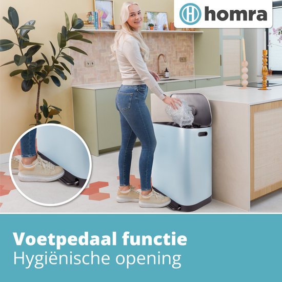 Poubelle Homra Rockx 60 litres - Poubelle à double pédale 2 x 30 L avec filtre anti-odeurs - Poubelle de tri sélectif en acier inoxydable à 2 compartiments - Poubelle de recyclage - Poubelle de cuisine - Poubelle de tri sélectif - Poubelles doubles bleues