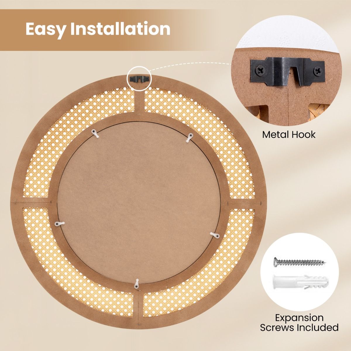 Miroir mural rond Coast - Décoration en rotin - Cadre en bois - 65 cm Naturel