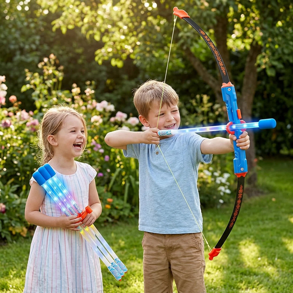 Grand arc lumineux avec flèches lumineuses à fibre optique, 60 cm - Cible incluse - Pour les enfants de 5 à 12 ans