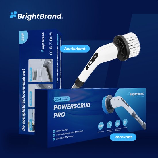 Brightbrand PowerScrub Pro - Brosse de nettoyage électrique - Brosse à récurer - Pour la salle de bain et la cuisine - Nettoyeur - Brosse à récurer avec manche - Raclette - Polisseuse - Polisseuse avec 10 accessoires