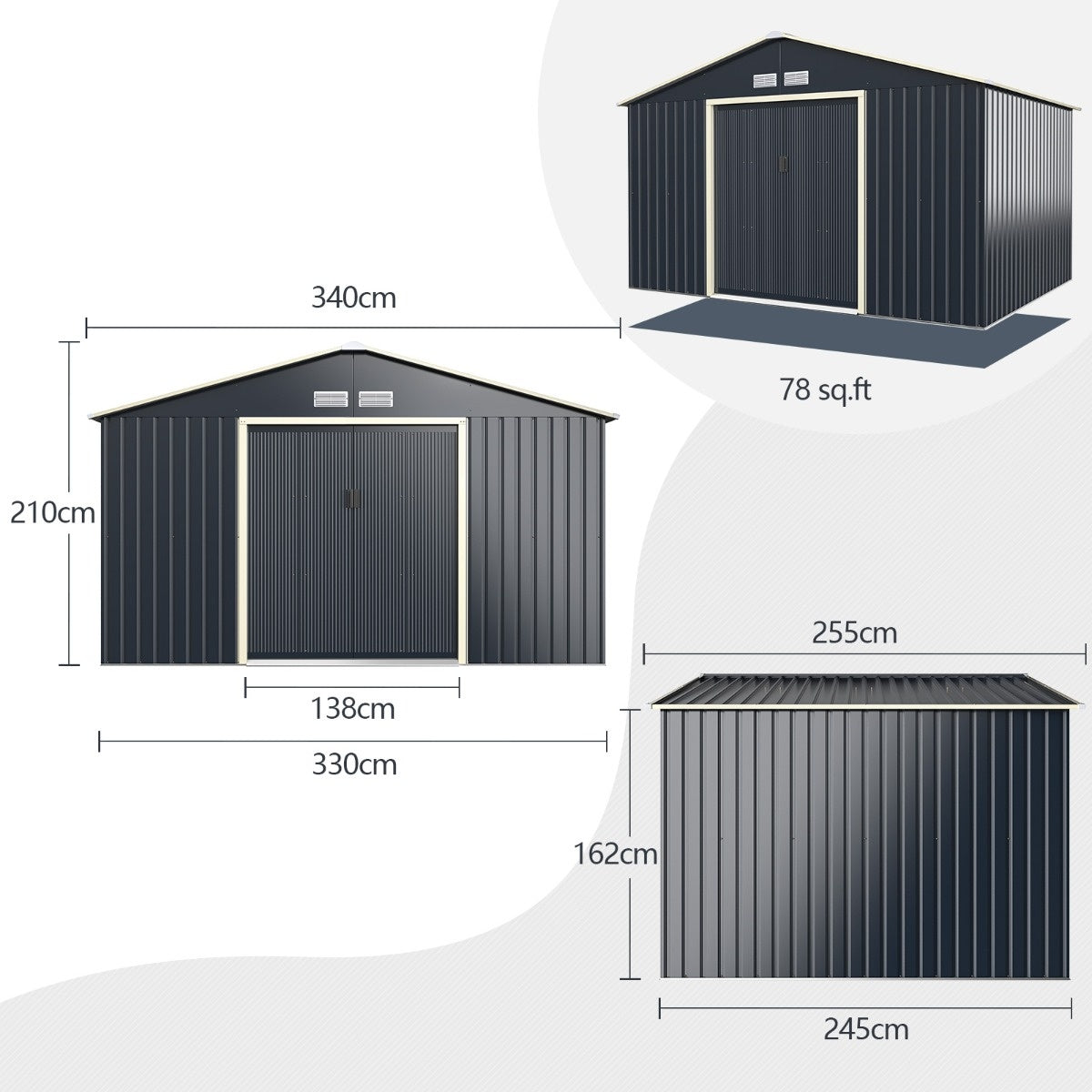 Coast Storage Shed - Avec porte coulissante et fentes d'aération - 340 x 255 x 210 cm - Métal