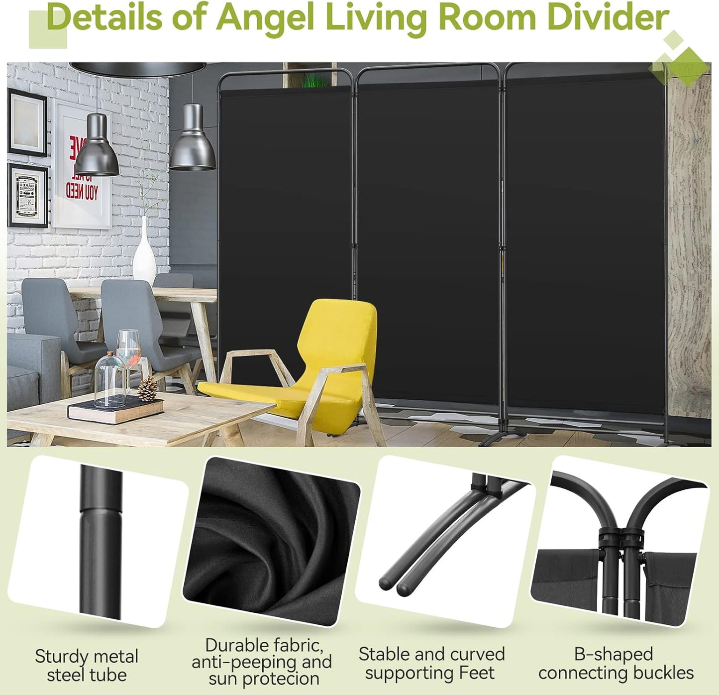 Paravent Angel Living - 3 Panneaux - 243 x 180 cm - Noir