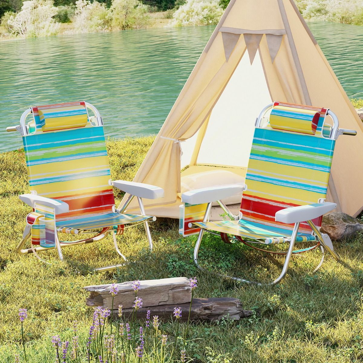 Chaise de plage Coast à dossier réglable - Pliable, avec porte-gobelet et poches de rangement - multicolore