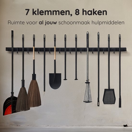 Porte-balais Volcan - Système de suspension pour balais et outils de jardin - 9 supports, 10 crochets - Ruban adhésif 3M - Porte-outils - Acier inoxydable noir