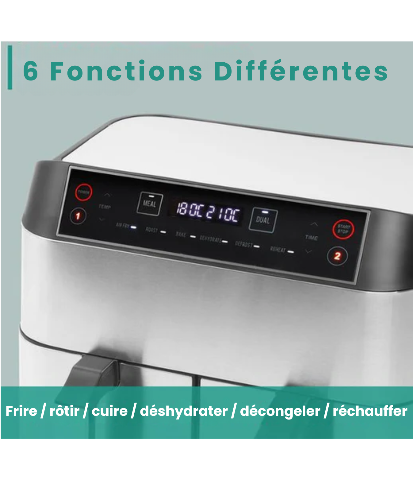 Airfryer Double XXL - Niceey - Friteuse sans huile - 2 compartiments de cuisson - 8L - 2460 Watt - Livre de recettes inclus - Argent