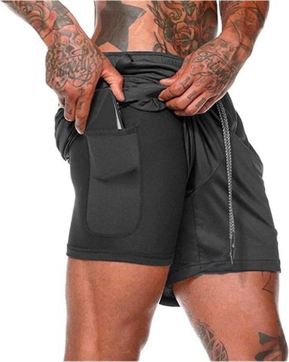 MW - Pantalon de sport pour homme - Taille M et design 2 en 1 - équipé d'une poche pour téléphone portable et d'une ceinture élastique - pour la gym et la course à pied - Polyester noir