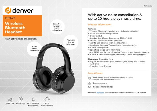 Casque Denver Bluetooth - Suppression active du bruit - Sans fil - Appel mains libres - BTN211 - Modèle 2026
