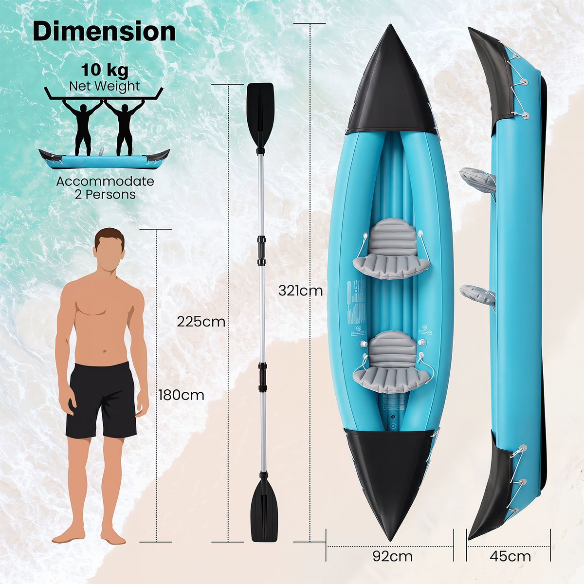 Ensemble de kayak gonflable Coast pour 2 personnes - Avec pagaies et pompe à pied - Bleu - 321 x 92 x 45 cm
