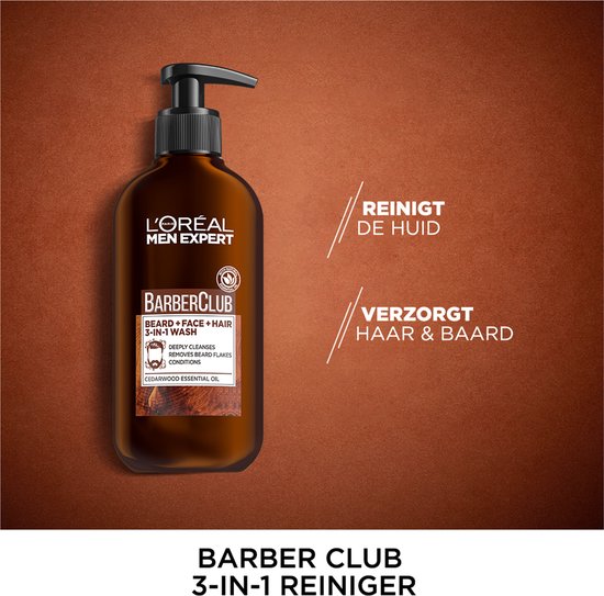 L'Oréal Paris Men Expert BarberClub Nettoyant visage 3-en-1 - 200 ml - Nettoyant pour la barbe, le visage et les cheveux
