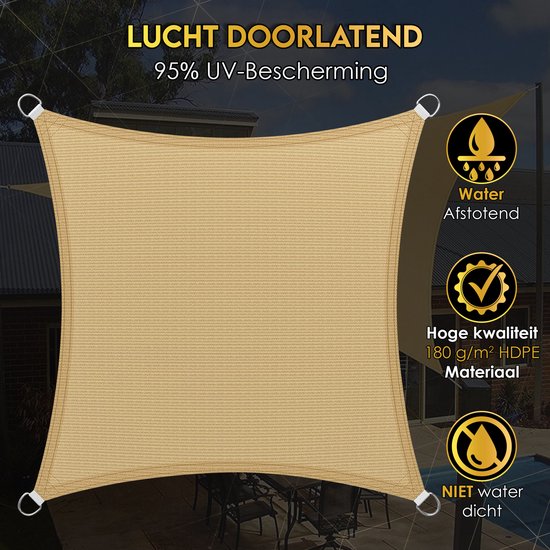 Toivo Toile d'ombrage Rectangle 3 x 4 Mètres - Crème - Matière HDPE - Corde et mousqueton inclus - Toile d'ombrage - Filet d'ombrage - Pare-soleil