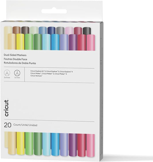 Marqueurs double face Cricut, lot de 20 – Pointe fine de 0,4 mm et marqueur de 1 mm – Multicolores – Pour Explore, Maker et Venture