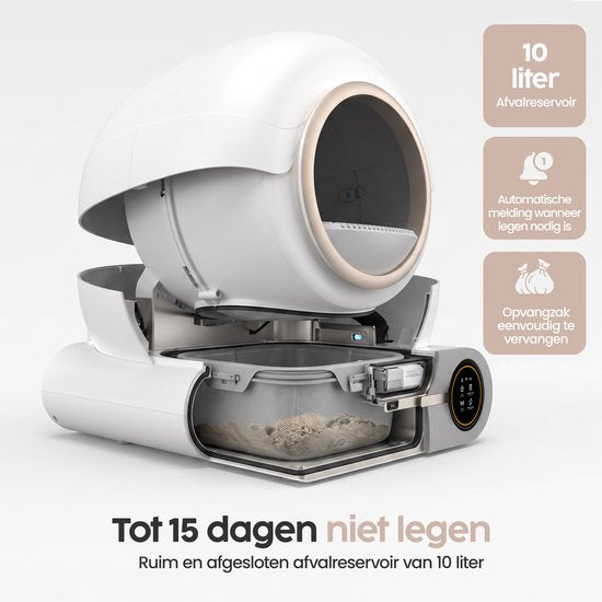 Bac à litière automatique Infinity Goods XXL - Bac à litière autonettoyant - Avec application - 75 L - Avec tapis de bac à litière et 3 rouleaux de sachets de rangement - Blanc/Or rose