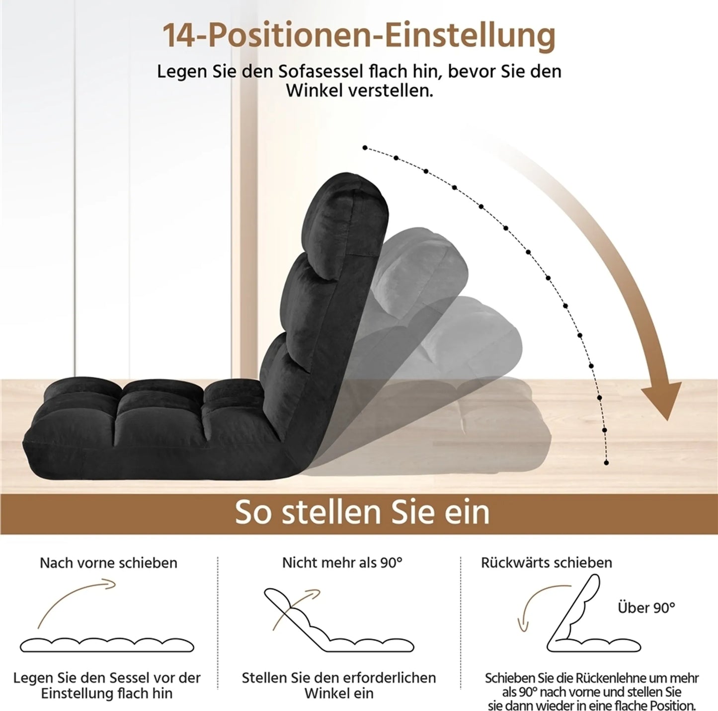 Yaheetech Floor Chair Includes 14 Adjustable Stands - Features High Density Foam And Sturdy Metal Frame And Soft Plush Fabric - For Living Room And Playroom - Black Polyester - 111.5 x 53 x 14 cm