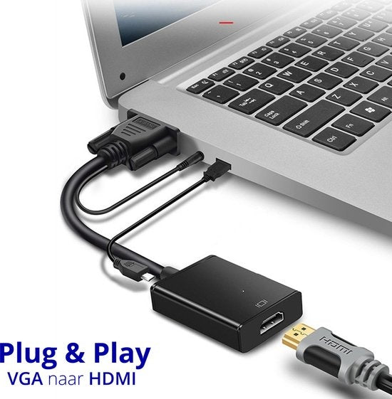Techvavo® Adaptateur VGA (+ Audio) vers HDMI Convertisseur Universel - Avec Jack 3.5MM Aux & Câble d'alimentation USB - Convertisseur Vidéo Analogique Vers Numérique - Mâle Vers Femelle - 1080P Full HD - inclut un câble d'alimentation USB