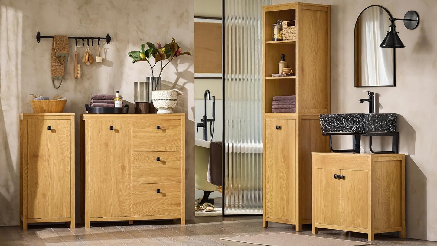Armoire de salle de bain haute SoBuy avec panier à linge et 3 étagères - Fixation murale - Bois - 40 x 35 x 173 cm