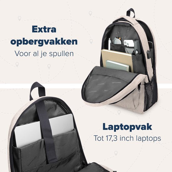 TRVLMORE Sac à dos - 36L - 17.3 Inch - Sac à dos pour ordinateur portable avec USB - Cartable - Homme et Femme - Sac Champagne