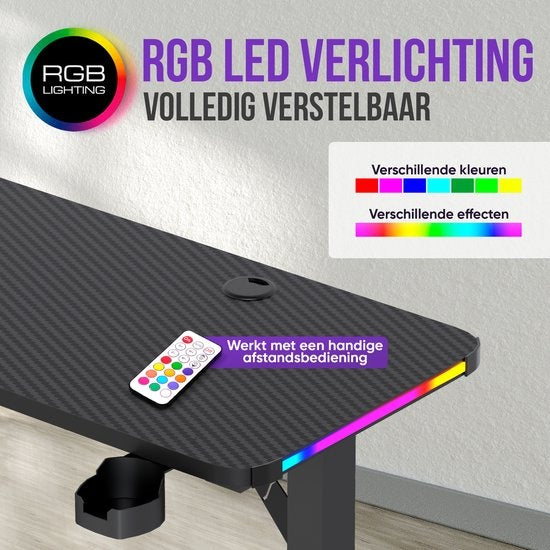 Avalo - Gaming Desk & L-Shaped Corner Desk - 160x100x75 cm - Avec éclairage LED RGB - Porte-gobelet et crochet pour casque - Acier inoxydable & ABS - Noir