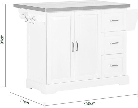 Chariot de service SoBuy - Chariot de cuisine blanc avec plateau rabattable - 3 tiroirs, 2 portes, étagères réglables | FKW41-II-ST