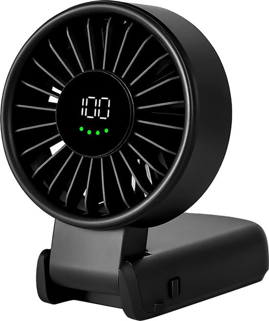TTD® Hand Fan Rechargeable - Mini ventilateur - 5 étapes avec affichage numérique - 150 degrés de rotation - Tenez, posez ou accrochez à votre cou - USB-C Rechargeable - Batterie 5000 mAh
