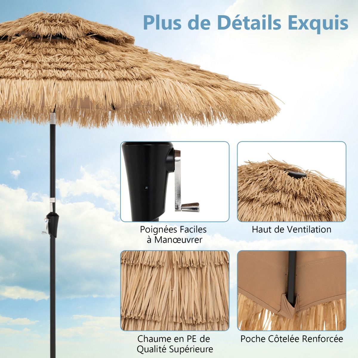Parasol Coast Wicker - 32 LED Lights - Inclinable - Hawaii Style - 270 x 270 x 256 cm