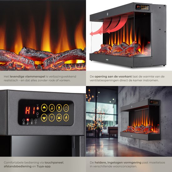 tectake® Wall Fireplace - Cheminée électrique - Atmosphere Fireplace - 900W & 1800W - contrôlé par télécommande ou application - avec thermostat - Poêle - avec chauffage - cheminées - avec effets de bois et de lueur - flammes 3D - minuterie - 9 options de