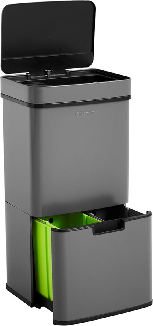 Homra NEXO Poubelle Séparation des déchets 3 compartiments - 72 litres (2x12 + 48 L) avec capteur infrarouge - Design Trio Poubelle Acier inoxydable - Gris