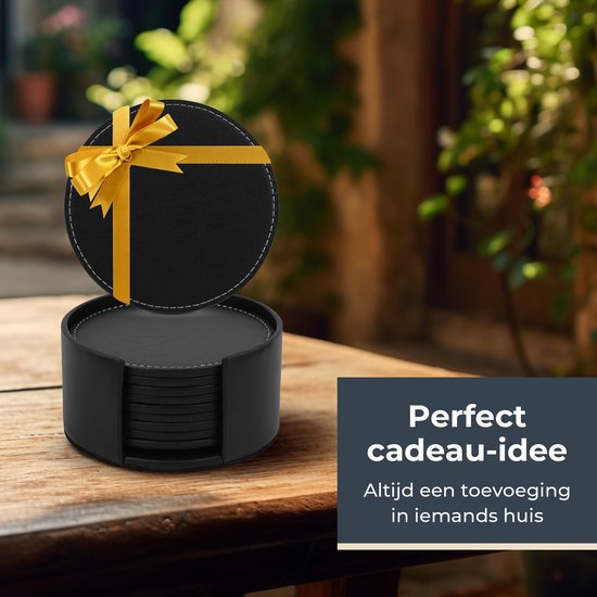 Castagnola Sous-verres en simili-cuir - Sous-verres pour verres - Sous-verres design avec support - Sous-verres en cuir - Cuir - Lot de 10 - Noir avec surpiqûres