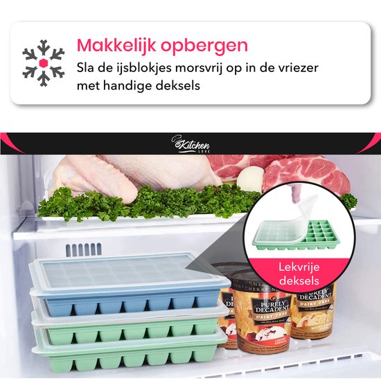 KitchenLove Moule à glaçons en silicone avec couvercle (2 pièces) - 80 glaçons - Carré - Sans BPA - 100% Silicone - Vert & Bleu