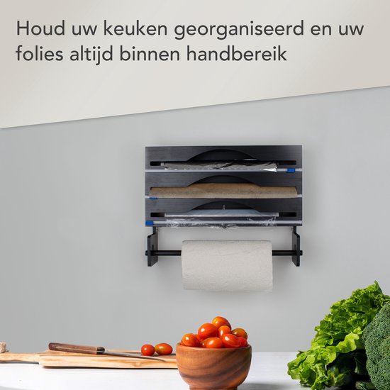 Nimma Roll Holder - Porte-rouleau de cuisine et porte-feuille en 1 - Système de suspension et coupe-feuille inclus - Convient pour 3 rouleaux de papier d'aluminium - Bambou - Noir