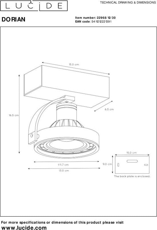 Lucide DORIAN - Plafonnier - Ø 11,7 cm - LED Dim to warm - GU10 (ES111) - 1x12W 2200K/3000K - Noir