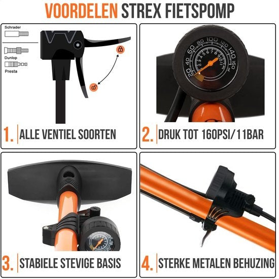 Pompe à vélo Strex - Manomètre - 11 Bar - Pompe à bille - Orange