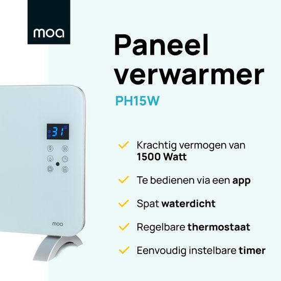 MOA Smart Glass Panel Heater with WiFi - Chauffage électrique - Convecteur - Panneau chauffant - Chauffage portable - Blanc - PH15W