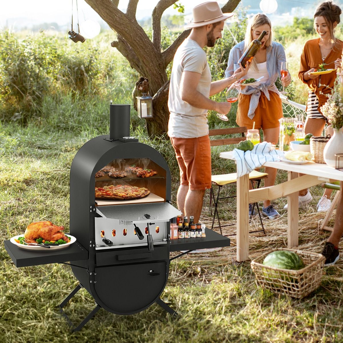 Four à pizza d'extérieur au feu de bois Coast - Noir - 98 x 31 x 98 cm - Comprend une pierre à pizza, une pelle à pizza et une housse de protection