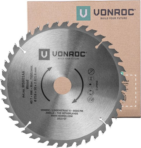 VONROC Lame de scie - Ø216MM - 40 dents - pour bois - convient aux scies à table et à tronçonner