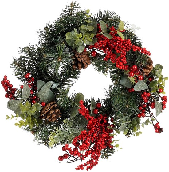 Mica Decorations : couronne de Noël Harvey avec pommes de pin - H 11 x Ø 40 cm - Rouge