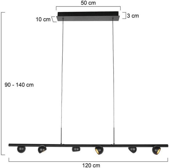 Suspension noire Marcadore, 120 cm de large, 6 lampes avec réflecteurs orientables, réglable en hauteur, de la marque Steinhauer, en plastique et métal, style rétro moderne, pour usage intérieur