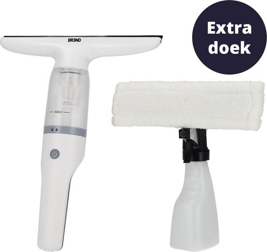 BREND BR-2218 Essuie-vitre électrique et flacon pulvérisateur - Lave-vitre avec système d'aspiration pour éviter les fuites - Avec chiffon de nettoyage supplémentaire - Câble de chargement USB-C - Blanc