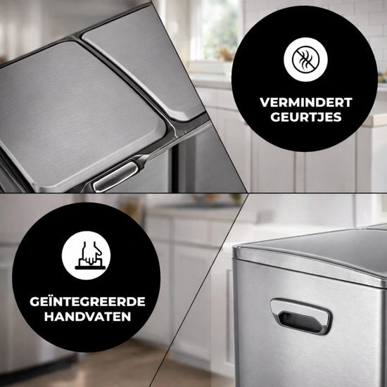 Bayt Poubelle - Poubelle 60 litres - Poubelle 60 litres - Poubelle à pédale 60 litres - Poubelle tri sélectif - Poubelle 3 compartiments - Poubelle - inox - Silver